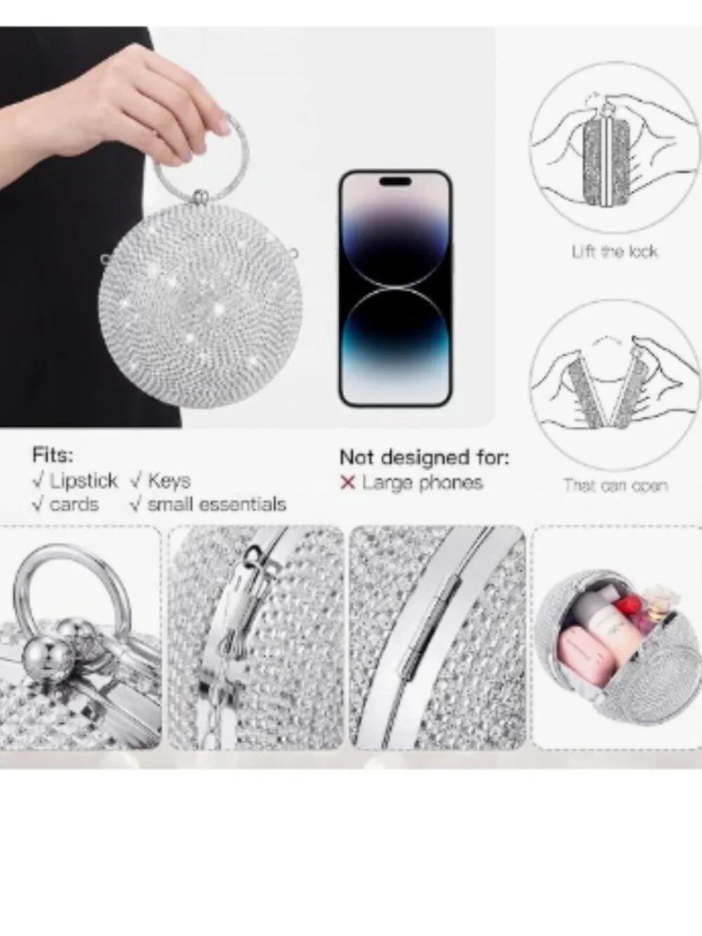 Silver Rhinestone Disco Ball Clutch with Chain, Evening Purse for Parties